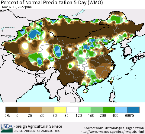 China, Mongolia and Taiwan Percent of Normal Precipitation 5-Day (WMO) Thematic Map For 11/6/2022 - 11/10/2022