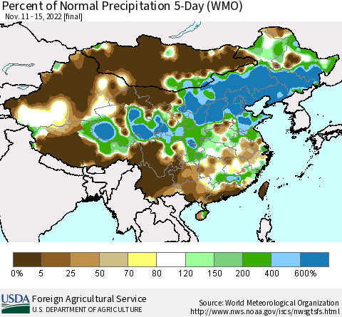 China, Mongolia and Taiwan Percent of Normal Precipitation 5-Day (WMO) Thematic Map For 11/11/2022 - 11/15/2022