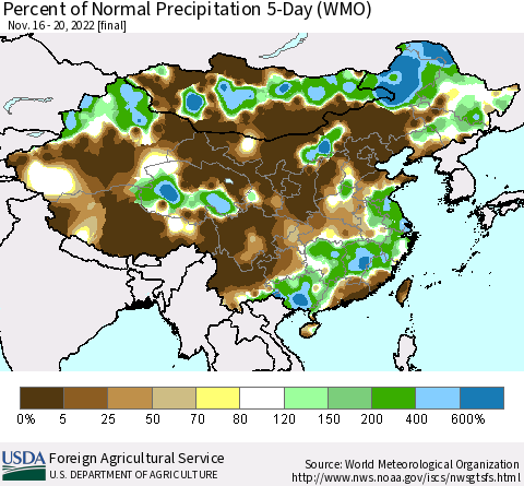 China, Mongolia and Taiwan Percent of Normal Precipitation 5-Day (WMO) Thematic Map For 11/16/2022 - 11/20/2022