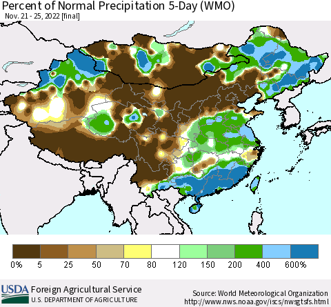 China, Mongolia and Taiwan Percent of Normal Precipitation 5-Day (WMO) Thematic Map For 11/21/2022 - 11/25/2022