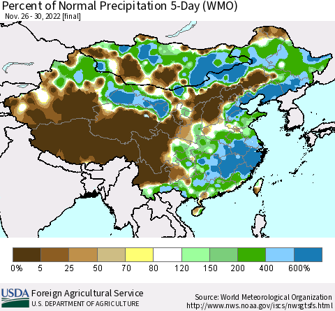 China, Mongolia and Taiwan Percent of Normal Precipitation 5-Day (WMO) Thematic Map For 11/26/2022 - 11/30/2022