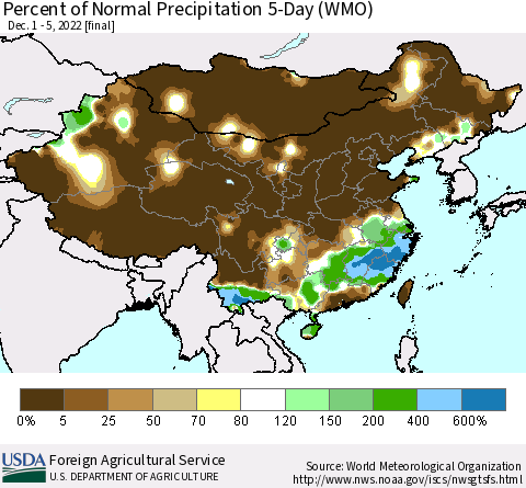 China, Mongolia and Taiwan Percent of Normal Precipitation 5-Day (WMO) Thematic Map For 12/1/2022 - 12/5/2022