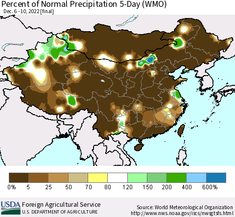 China, Mongolia and Taiwan Percent of Normal Precipitation 5-Day (WMO) Thematic Map For 12/6/2022 - 12/10/2022