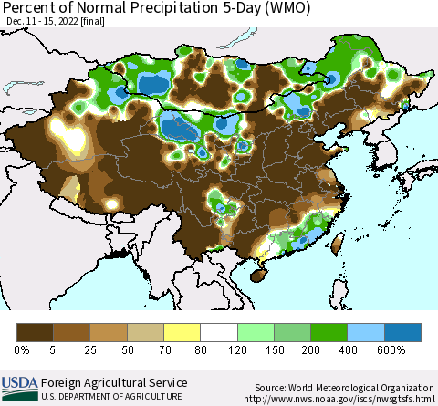 China, Mongolia and Taiwan Percent of Normal Precipitation 5-Day (WMO) Thematic Map For 12/11/2022 - 12/15/2022