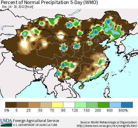 China, Mongolia and Taiwan Percent of Normal Precipitation 5-Day (WMO) Thematic Map For 12/16/2022 - 12/20/2022