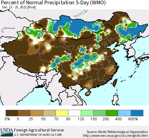 China, Mongolia and Taiwan Percent of Normal Precipitation 5-Day (WMO) Thematic Map For 12/21/2022 - 12/25/2022
