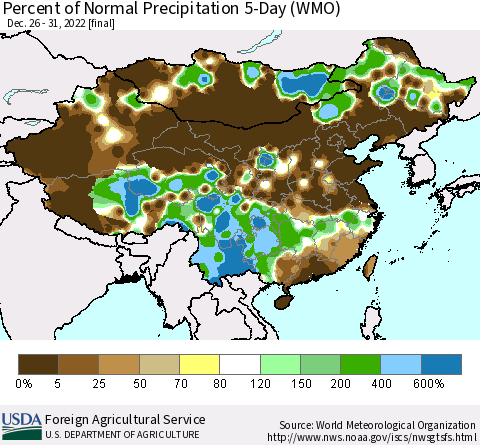 China, Mongolia and Taiwan Percent of Normal Precipitation 5-Day (WMO) Thematic Map For 12/26/2022 - 12/31/2022