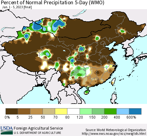 China, Mongolia and Taiwan Percent of Normal Precipitation 5-Day (WMO) Thematic Map For 1/1/2023 - 1/5/2023