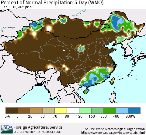 China, Mongolia and Taiwan Percent of Normal Precipitation 5-Day (WMO) Thematic Map For 1/6/2023 - 1/10/2023