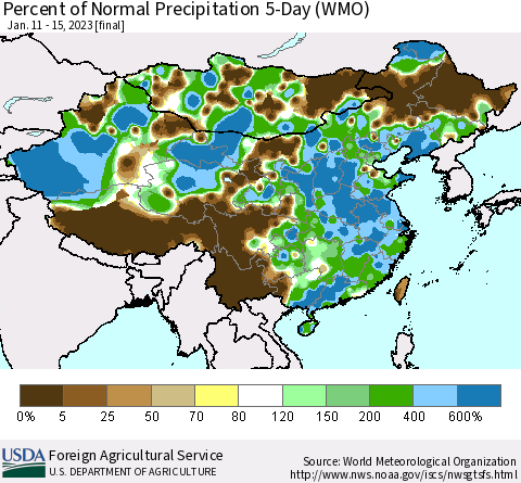 China, Mongolia and Taiwan Percent of Normal Precipitation 5-Day (WMO) Thematic Map For 1/11/2023 - 1/15/2023
