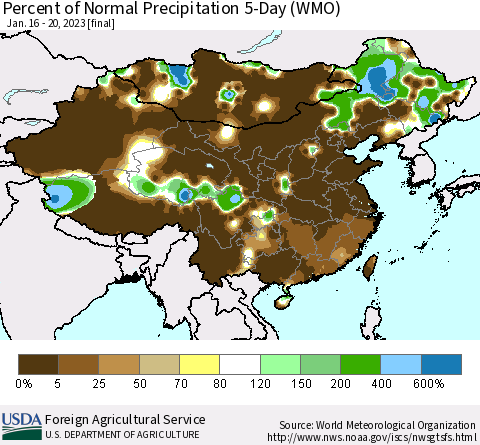 China, Mongolia and Taiwan Percent of Normal Precipitation 5-Day (WMO) Thematic Map For 1/16/2023 - 1/20/2023