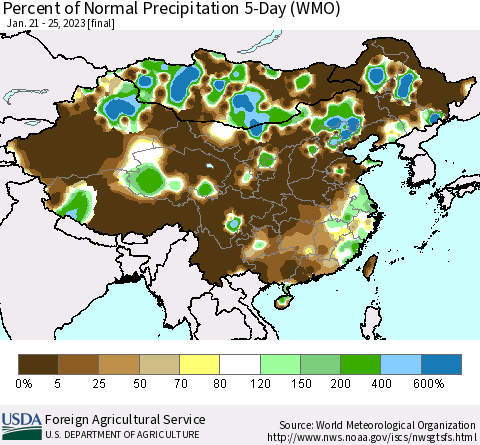 China, Mongolia and Taiwan Percent of Normal Precipitation 5-Day (WMO) Thematic Map For 1/21/2023 - 1/25/2023