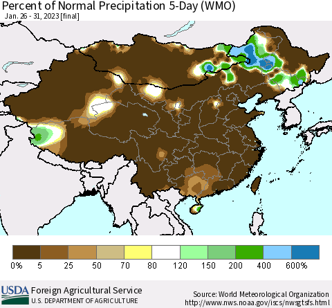 China, Mongolia and Taiwan Percent of Normal Precipitation 5-Day (WMO) Thematic Map For 1/26/2023 - 1/31/2023