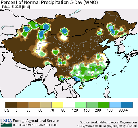 China, Mongolia and Taiwan Percent of Normal Precipitation 5-Day (WMO) Thematic Map For 2/1/2023 - 2/5/2023