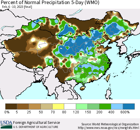 China, Mongolia and Taiwan Percent of Normal Precipitation 5-Day (WMO) Thematic Map For 2/6/2023 - 2/10/2023