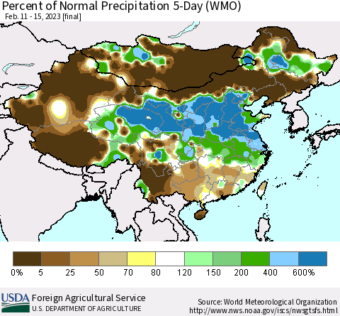 China, Mongolia and Taiwan Percent of Normal Precipitation 5-Day (WMO) Thematic Map For 2/11/2023 - 2/15/2023