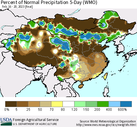 China, Mongolia and Taiwan Percent of Normal Precipitation 5-Day (WMO) Thematic Map For 2/16/2023 - 2/20/2023