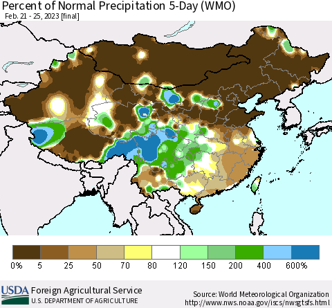 China, Mongolia and Taiwan Percent of Normal Precipitation 5-Day (WMO) Thematic Map For 2/21/2023 - 2/25/2023
