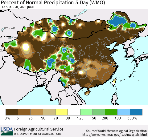 China, Mongolia and Taiwan Percent of Normal Precipitation 5-Day (WMO) Thematic Map For 2/26/2023 - 2/28/2023
