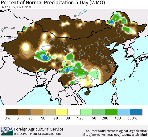 China, Mongolia and Taiwan Percent of Normal Precipitation 5-Day (WMO) Thematic Map For 3/1/2023 - 3/5/2023