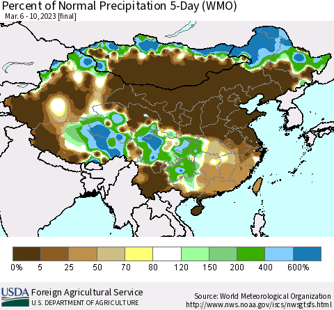 China, Mongolia and Taiwan Percent of Normal Precipitation 5-Day (WMO) Thematic Map For 3/6/2023 - 3/10/2023