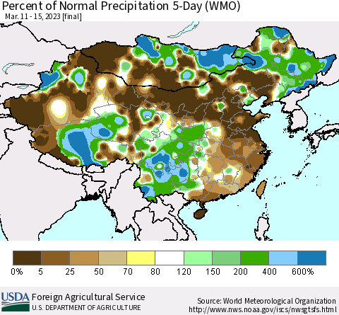 China, Mongolia and Taiwan Percent of Normal Precipitation 5-Day (WMO) Thematic Map For 3/11/2023 - 3/15/2023
