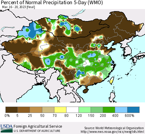 China, Mongolia and Taiwan Percent of Normal Precipitation 5-Day (WMO) Thematic Map For 3/16/2023 - 3/20/2023