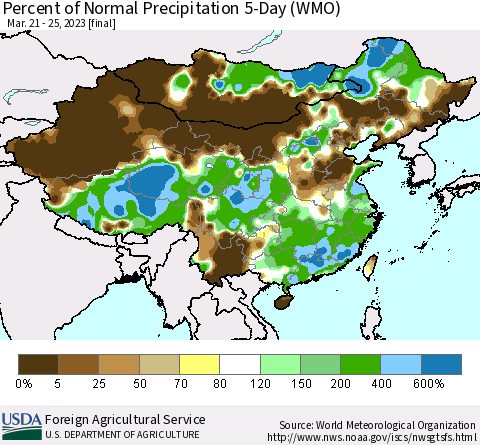 China, Mongolia and Taiwan Percent of Normal Precipitation 5-Day (WMO) Thematic Map For 3/21/2023 - 3/25/2023