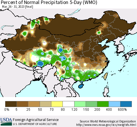 China, Mongolia and Taiwan Percent of Normal Precipitation 5-Day (WMO) Thematic Map For 3/26/2023 - 3/31/2023