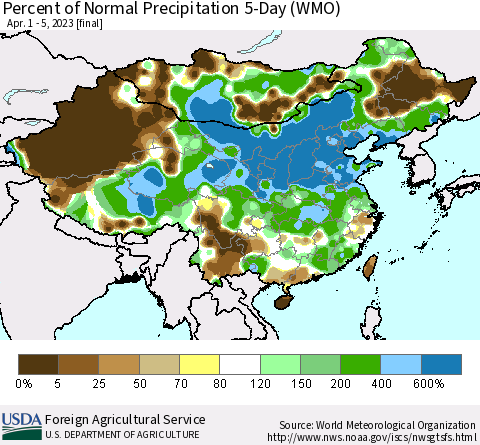 China, Mongolia and Taiwan Percent of Normal Precipitation 5-Day (WMO) Thematic Map For 4/1/2023 - 4/5/2023
