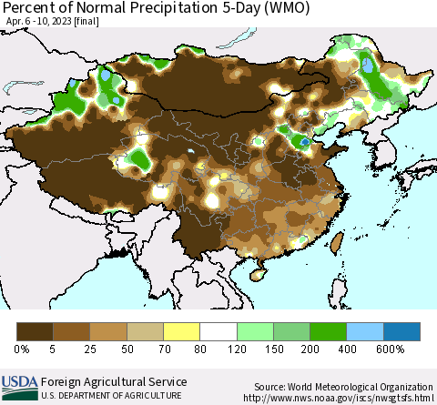 China, Mongolia and Taiwan Percent of Normal Precipitation 5-Day (WMO) Thematic Map For 4/6/2023 - 4/10/2023