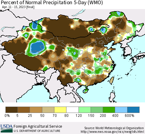 China, Mongolia and Taiwan Percent of Normal Precipitation 5-Day (WMO) Thematic Map For 4/11/2023 - 4/15/2023