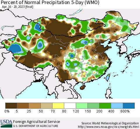 China, Mongolia and Taiwan Percent of Normal Precipitation 5-Day (WMO) Thematic Map For 4/16/2023 - 4/20/2023
