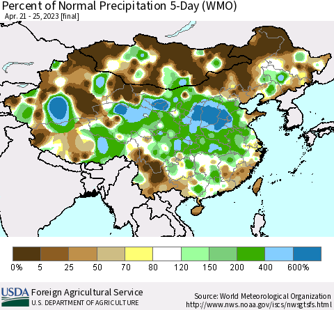 China, Mongolia and Taiwan Percent of Normal Precipitation 5-Day (WMO) Thematic Map For 4/21/2023 - 4/25/2023