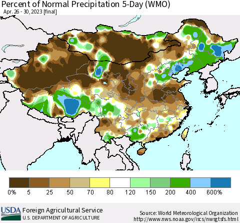 China, Mongolia and Taiwan Percent of Normal Precipitation 5-Day (WMO) Thematic Map For 4/26/2023 - 4/30/2023