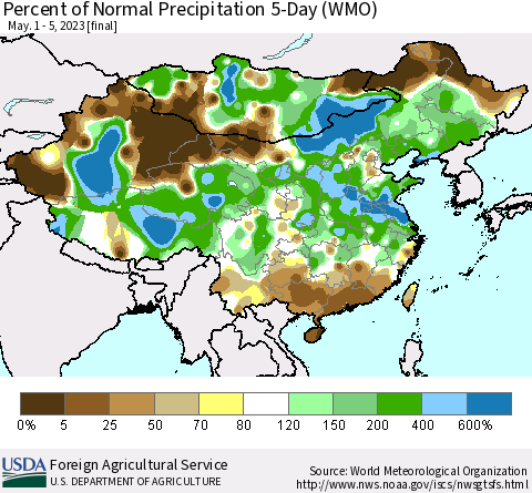 China, Mongolia and Taiwan Percent of Normal Precipitation 5-Day (WMO) Thematic Map For 5/1/2023 - 5/5/2023
