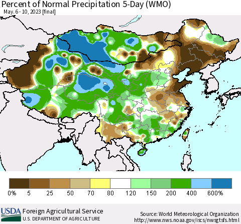 China, Mongolia and Taiwan Percent of Normal Precipitation 5-Day (WMO) Thematic Map For 5/6/2023 - 5/10/2023