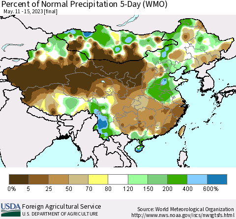 China, Mongolia and Taiwan Percent of Normal Precipitation 5-Day (WMO) Thematic Map For 5/11/2023 - 5/15/2023