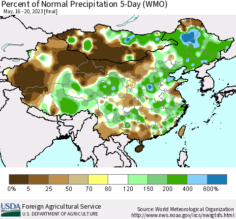China, Mongolia and Taiwan Percent of Normal Precipitation 5-Day (WMO) Thematic Map For 5/16/2023 - 5/20/2023