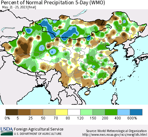 China, Mongolia and Taiwan Percent of Normal Precipitation 5-Day (WMO) Thematic Map For 5/21/2023 - 5/25/2023