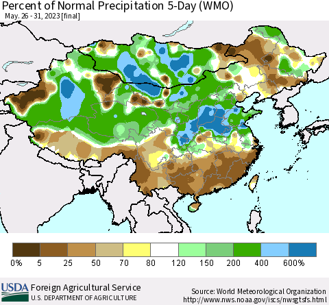 China, Mongolia and Taiwan Percent of Normal Precipitation 5-Day (WMO) Thematic Map For 5/26/2023 - 5/31/2023