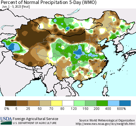 China, Mongolia and Taiwan Percent of Normal Precipitation 5-Day (WMO) Thematic Map For 6/1/2023 - 6/5/2023