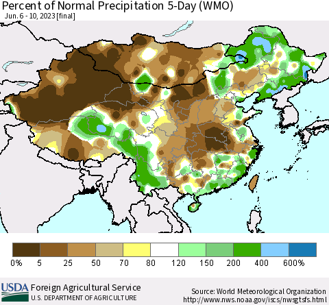 China, Mongolia and Taiwan Percent of Normal Precipitation 5-Day (WMO) Thematic Map For 6/6/2023 - 6/10/2023