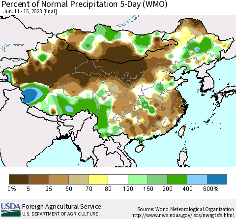China, Mongolia and Taiwan Percent of Normal Precipitation 5-Day (WMO) Thematic Map For 6/11/2023 - 6/15/2023