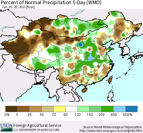 China, Mongolia and Taiwan Percent of Normal Precipitation 5-Day (WMO) Thematic Map For 6/16/2023 - 6/20/2023