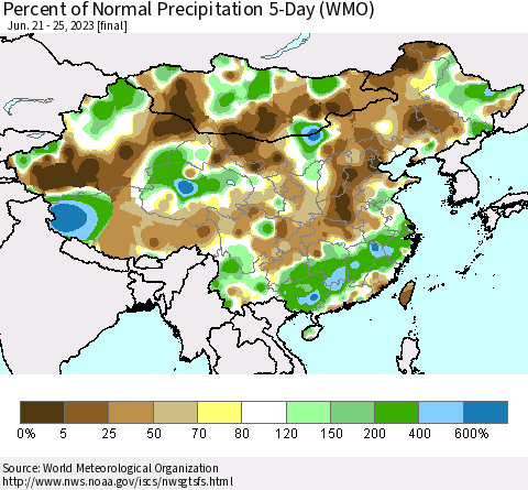 China, Mongolia and Taiwan Percent of Normal Precipitation 5-Day (WMO) Thematic Map For 6/21/2023 - 6/25/2023