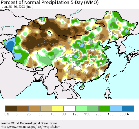 China, Mongolia and Taiwan Percent of Normal Precipitation 5-Day (WMO) Thematic Map For 6/26/2023 - 6/30/2023