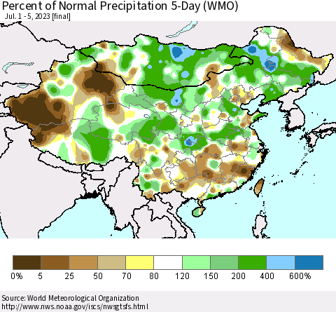 China, Mongolia and Taiwan Percent of Normal Precipitation 5-Day (WMO) Thematic Map For 7/1/2023 - 7/5/2023