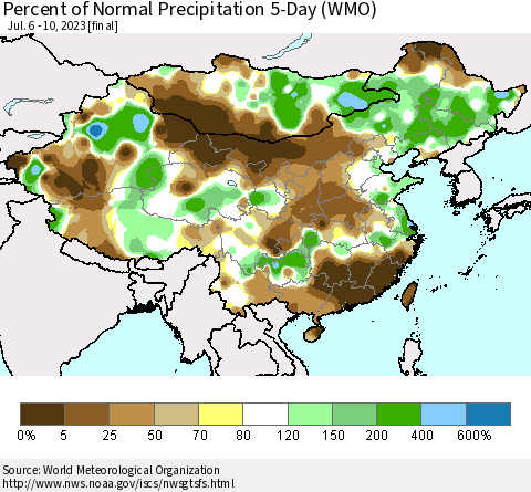 China, Mongolia and Taiwan Percent of Normal Precipitation 5-Day (WMO) Thematic Map For 7/6/2023 - 7/10/2023