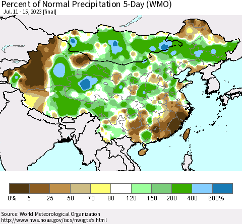 China, Mongolia and Taiwan Percent of Normal Precipitation 5-Day (WMO) Thematic Map For 7/11/2023 - 7/15/2023